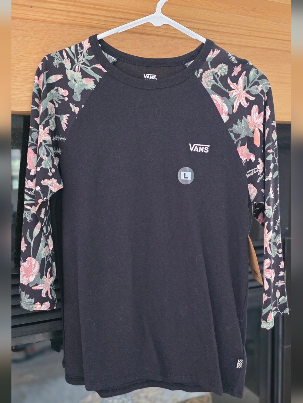 Vans Black Tee with Pink & Green Floral Raglan Sleeves NWT Size Large